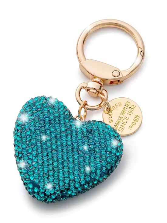 Accessories - Gold-Tone Keyring with Teal Crystal Heart Charm